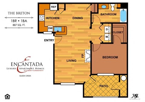 Floor plan for 1 bed, 1 bath, 887 sqft